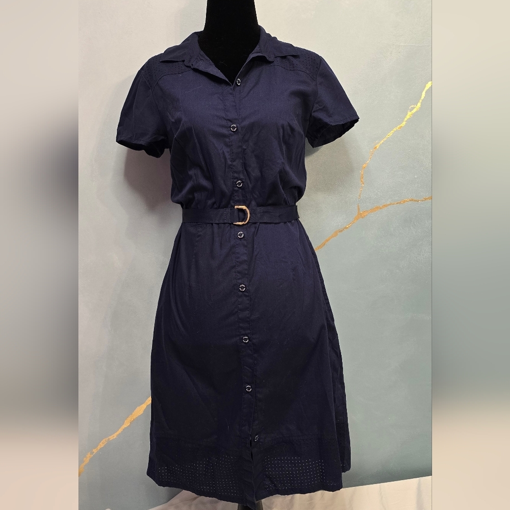 Tommy Hilfiger Classic Navy Belted Short Sleeve Button Up Shirt Dress Eyelets S